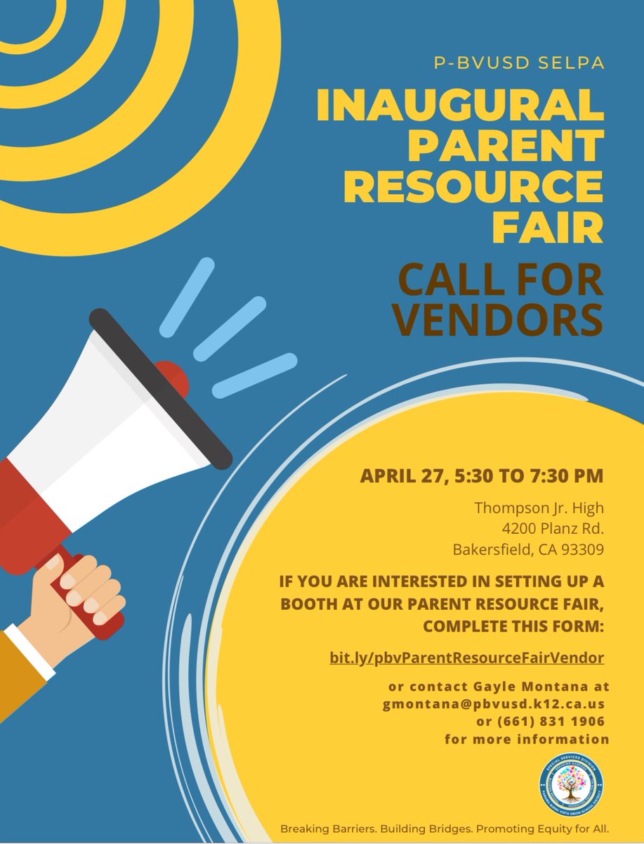 Calling Community Agencies &amp; Service Providers! Join us for our Inaugural Parent Resource Fair, Thurs 4/27, 5:30-7:30PM. If interested in hosting a booth @ the resource fair complete the form @ the link listed on the flyer or contact Gayle Montana @ 661-831-1906 for more info! 😃