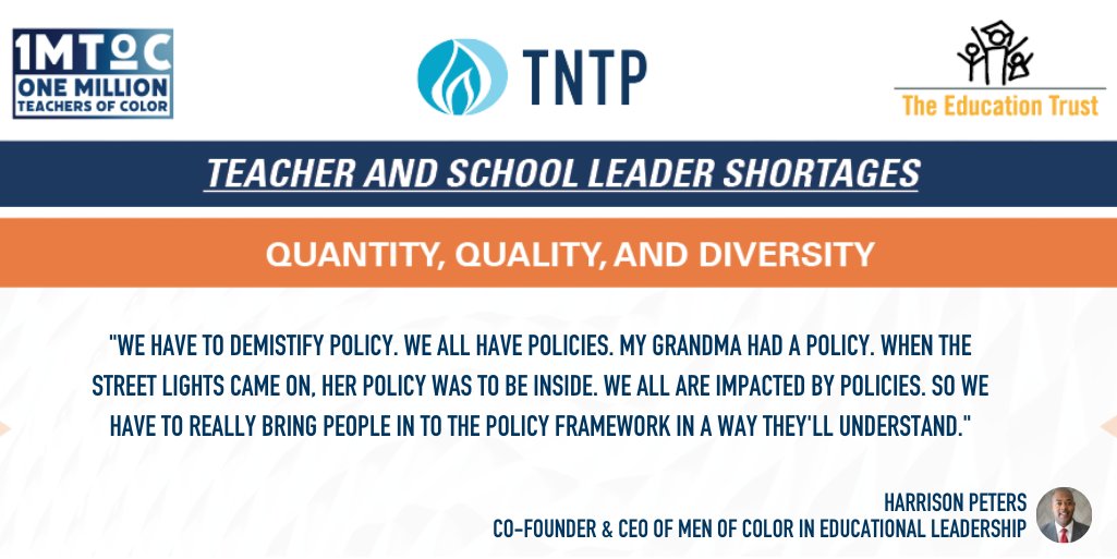 TNTP's tweet photo. EXACTLY @HarrisonPeters of @MCELLeaders! 🙌🏾🙌🏽🙌🏾
#1MTOC #TeacherShortages #WebinarAlert #CBED #MCELL @1MToC @CenterBlackEd @EdTrust https://t.co/hQ6qa7qJXW