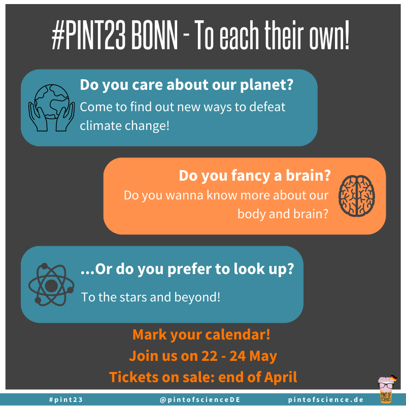 pintofscienceDE's tweet photo. 📣 #pint23 comes to Bonn with a lot of interesting talks by local scientists 🙌
Find out more about the great #PoSteam in #Bonn, what they're organising for you and their favourite beverage for scientific discussions 🍻
#pint23bonn #pint23DE #SciComm #pintofscience #pintDE https://t.co/mS7o7e57Q4