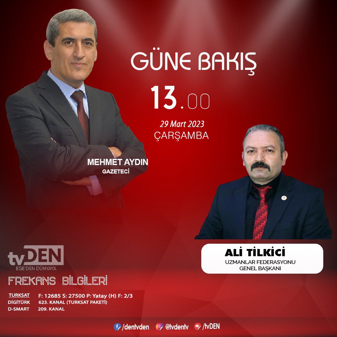 Yarın saat: 13.00’te, <a href="/tvden09/">tvDEN</a>’de, GÜNE BAKIŞ’ta, Uzmanlar Federasyonu Genel Başkanı <a href="/alitilkici38/">Ali Tilkici 🇹🇷</a> ile canlı yayında, uzman çavuşların kadro ve özlük hakları taleplerini ve konuyu detaylı bir şekilde konuşacağız.
#SıraUzmanÇavuşaKadro
#DengeMedya 
<a href="/aydindenge/">Aydın Denge Gazetesi</a> 
<a href="/eminaydin09/">Emin Aydın</a>