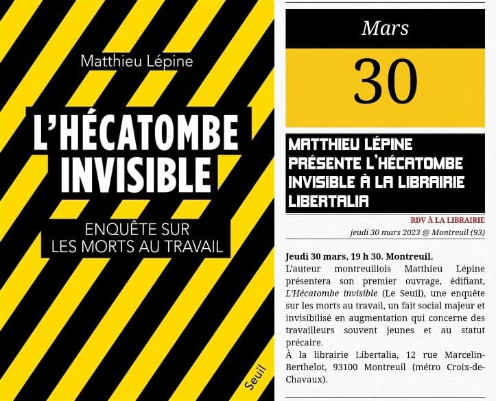 Rendez-vous jeudi 30 mars à la librairie @LibertaliaLivre de Montreuil pour la présentation de mon livre L'Hécatombe invisible.