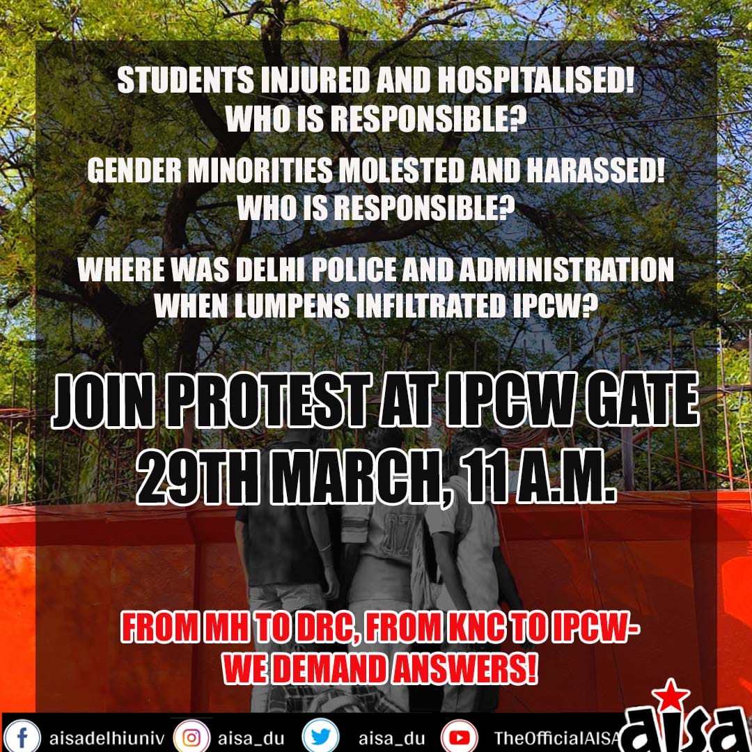 anjali__27's tweet photo. Students injured and hospitalised! Who is responsible? 

Gender minorities molested and harassed! Who is responsible? 

Where was Delhi Police and Administration when lumpens infiltrated IPCW? 

From MH to DRC, from KNC to IPCW— WE DEMAND ANSWERS! 

Join the protest tomorrow! https://t.co/JnXdMubyB0