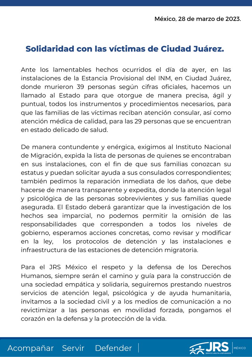 JRSMex's tweet photo. #Posicionamiento con relación a los hechos ocurridos en la estación de detención migratoria del @INAMI_mx  en #CdJuárez. Nuestra solidaridad para todas las personas en #MovilidadForzada proteger los #DDHH es tarea de todes. https://t.co/u2v5PVXChk