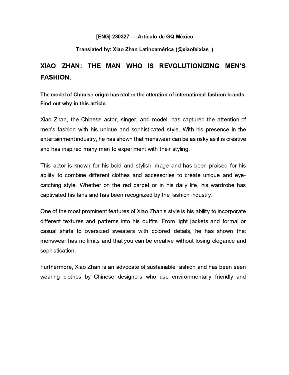 xiaofeixias_'s tweet photo. [ENG] 230327 — GQ México Article: XIAO ZHAN: THE MAN WHO IS REVOLUTIONIZING MEN'S FASHION.

Translated by: Xiao Zhan Latinoamérica.

#XiaoZhan #肖战 #샤오잔 #เซียวจ้าน #シャオジャン https://t.co/njUWwfOtBu