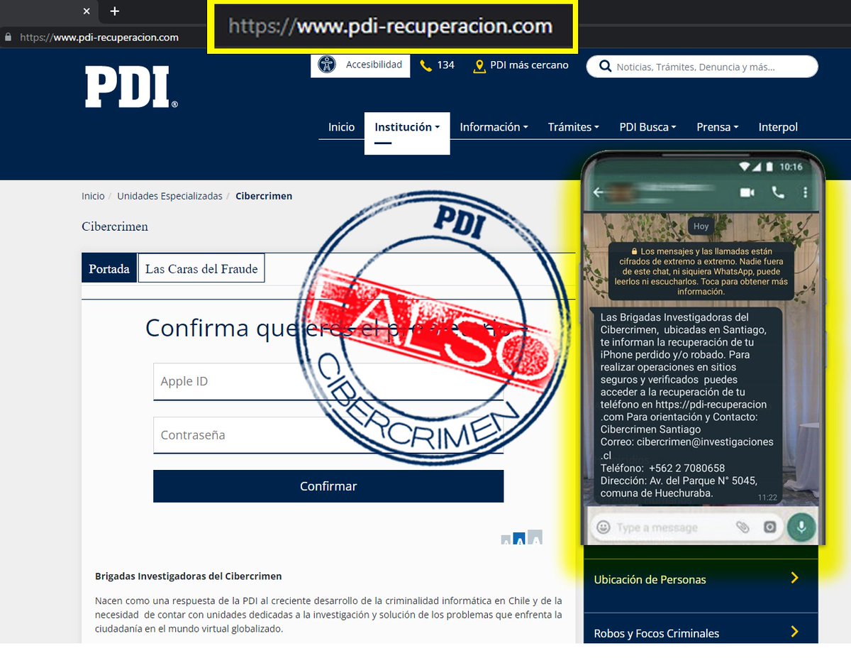 PDI_CHILE's tweet photo. ⭕️Alerta: FALSO SITIO PDI

Cibercrimen advierte sobre página que simula estar alojada en nuestro sitio oficial https://t.co/YCoJQGdrxB.

🤳🏿Como usuario de telefonía móvil podrías recibir un mensaje que te invita a un sitio para la "recuperación de tu iPhone perdido y/o robado"
⏬ https://t.co/ybg4X3tuZR