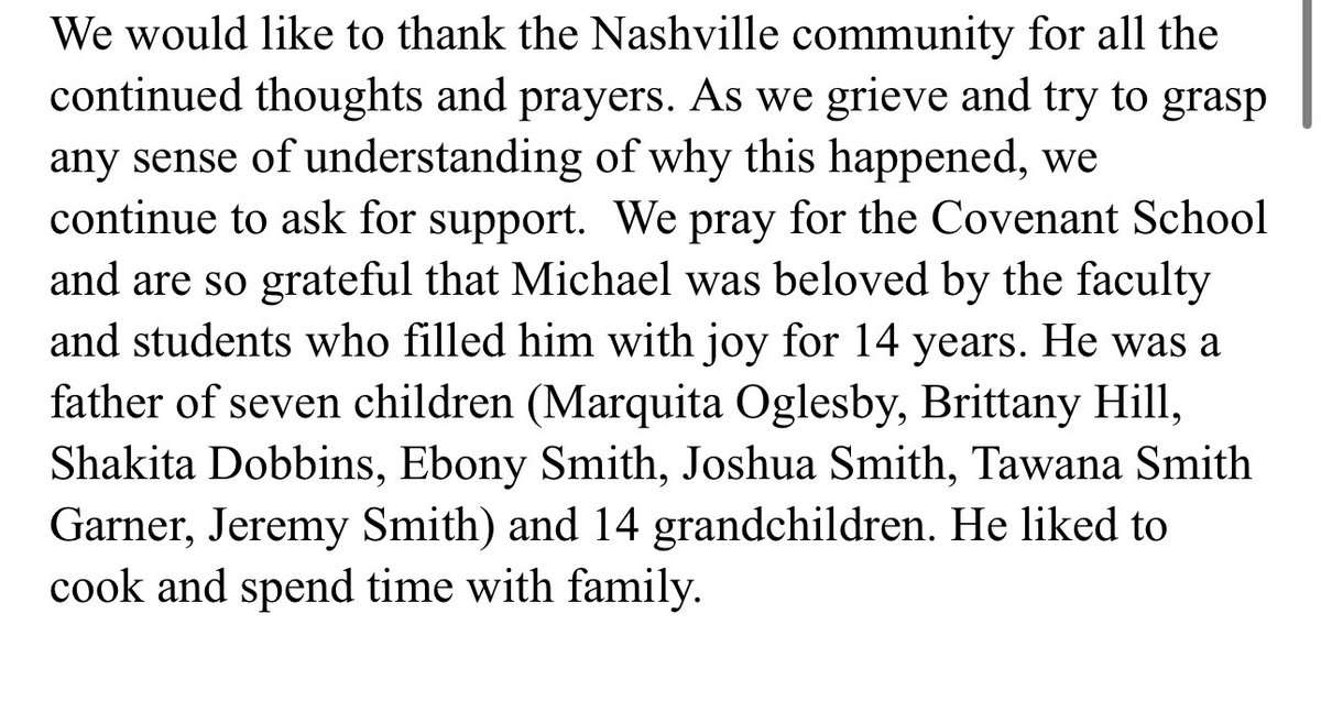 kelseymgibbs's tweet photo. The family of Michael Hill, the beloved Covenant School custodian killed in the school shooting, sent us a statement. Let us wrap are hearts around these victims and their families. @NC5 https://t.co/HADRvQAcL1