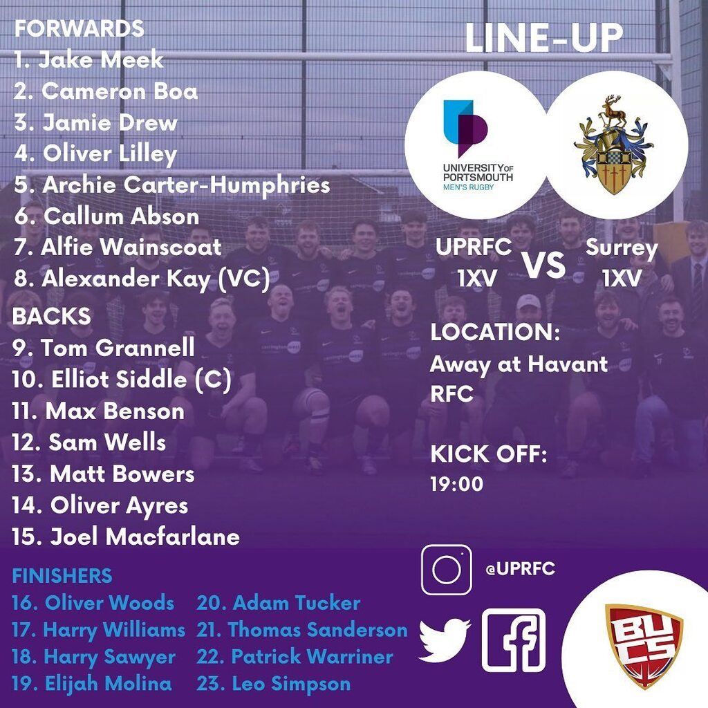 TEAM NEWS:

This week we have a huge fixture for our Magnificent 1XVs, The UPRFC 1XVs Varsity!💜

Our boys will be battling it out up at Havant no RFC against the oppo Surrey 1XVs

Make sure you’re there tomorrow with the rest of us at UPRFC to give o… instagr.am/p/CqV5Yd_I7XB/