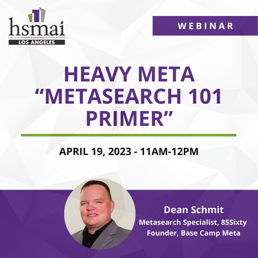 Learn an overview of metasearch marketing. This webinar will cover What it is and Why You Should Care, and the latest trends and 201-level tips most hoteliers are not utilizing. hsmailosangeles.org/event/heavy-me…

#hsmai #hotelmarketing
#hotelsales #revenuemanagement