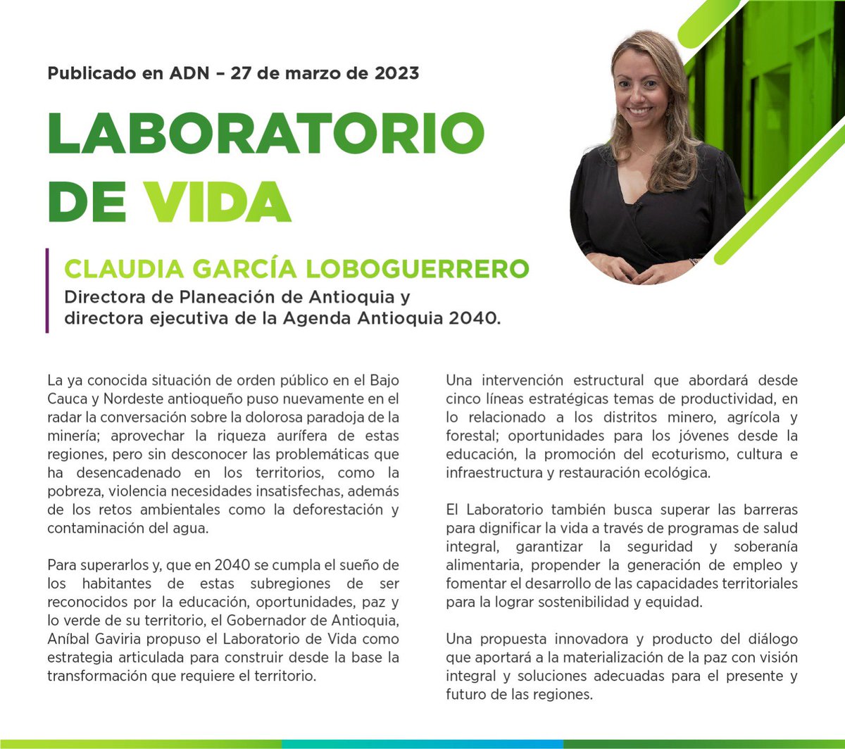 Claudia_GarciaL's tweet photo. Creo que apostarle a los problemas del Bajo Cauca con una iniciativa innovadora, como el Laboratorio de Vida, propuesta por el Gobernador @anibalgaviria, es aportar a la materialización de la paz con una visión integral. Los invito a leer mi columna quincenal en @ADNMedellin. 📚 https://t.co/5juwSglJYo