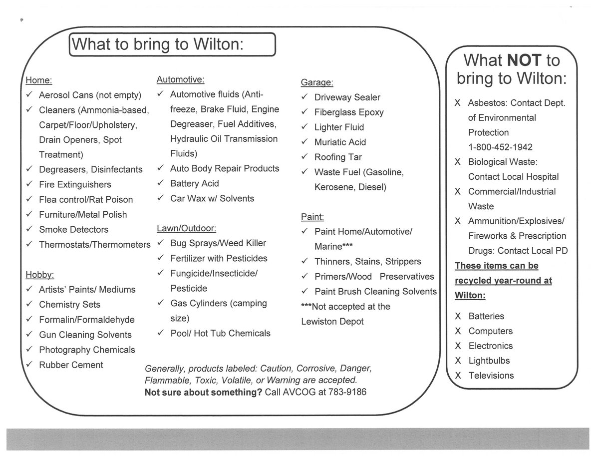 Hazardous Waste Event at Town of Wilton, Maine's Transfer Station

Saturday, September 9 from 9:00am to 12:00pm
(This is in addition to the monthly AVCOG events)