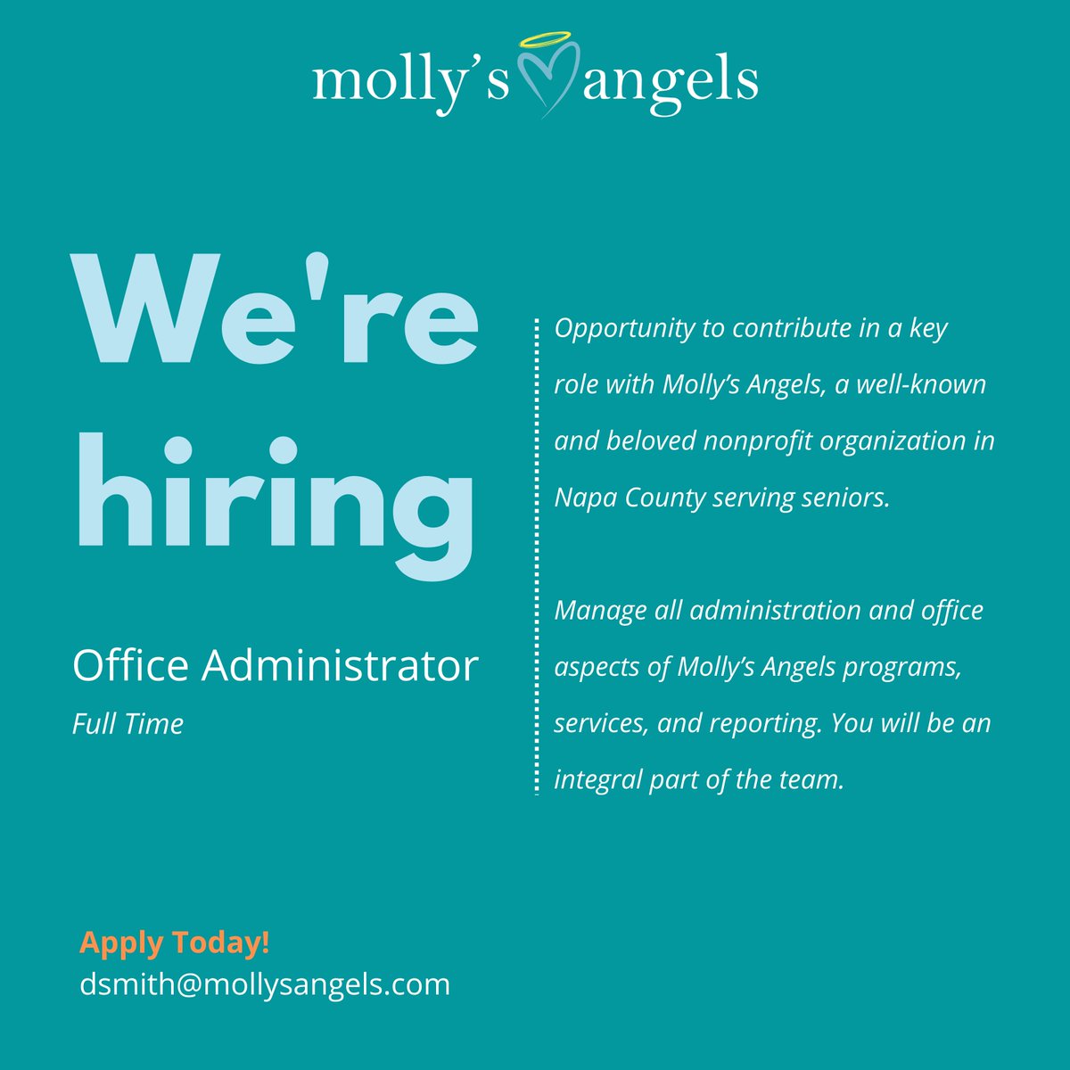 Join our team, we're #hiring an Office Administrator! Please spread the word. Learn more here: mollysangels.com/work-with-us.h…
#NapaCounty #nonprofit #nonprofitwork #nowhiring #neighborshelpingneighbors #bilingual