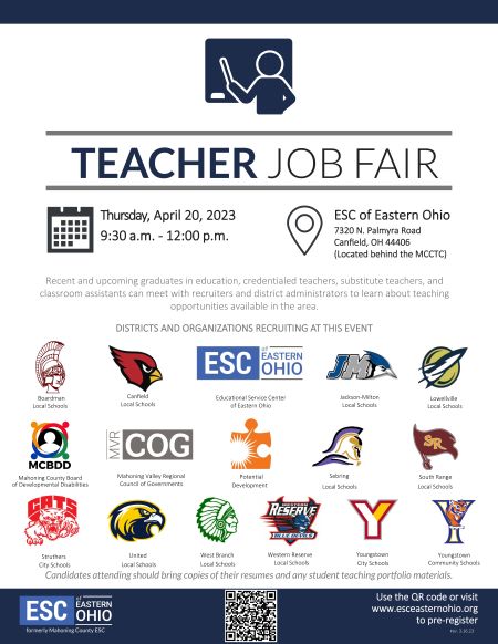 Educational Service Center of Eastern Ohio (@esceasternohio) on Twitter photo Don't miss the chance to explore employment opportunities with more than a dozen local school districts at our Teacher Job Fair on April 20!
Candidates can preregister here:
applitrack.com/mahoningesc/on… Don't miss the chance to explore employment opportunities with more than a dozen local school districts at our Teacher Job Fair on April 20!
Candidates can preregister here:
applitrack.com/mahoningesc/on…