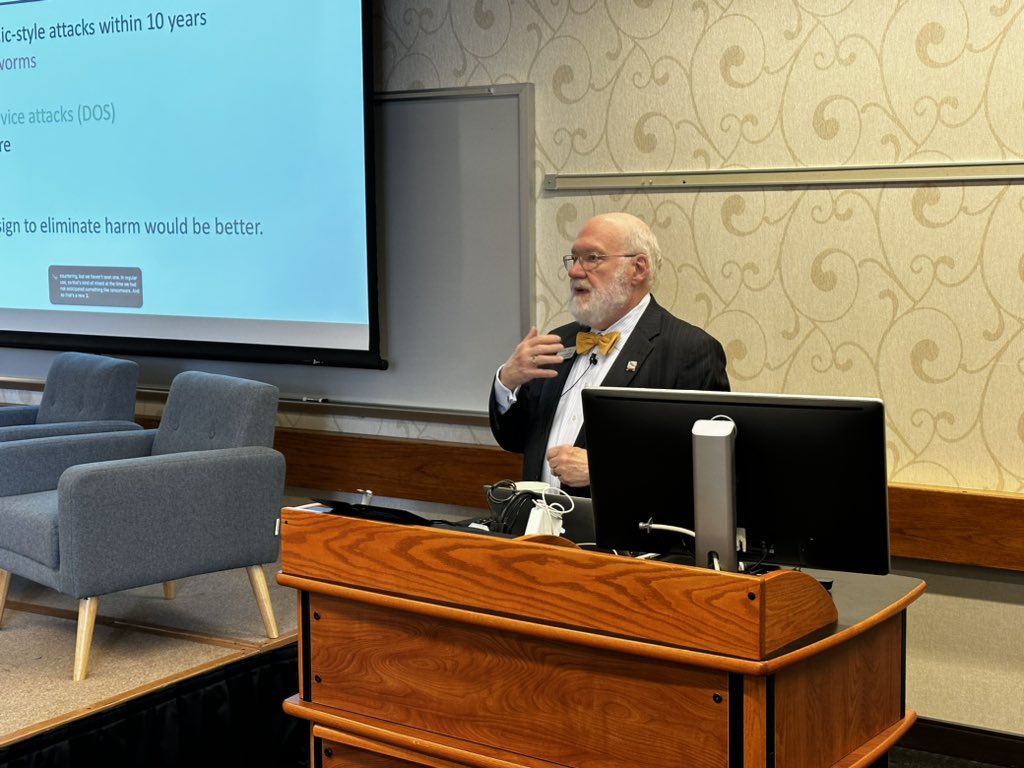 Eugene H. “Spaf” Spafford, @cerias founder, reviewing the 20th Anniversary of the CRA Grand Challenges in Information Security report at the 24th Annual CERIAS Cybersecurity Symposium at Purdue University. @TheRealSpaf @Research_Purdue @PurdueCS