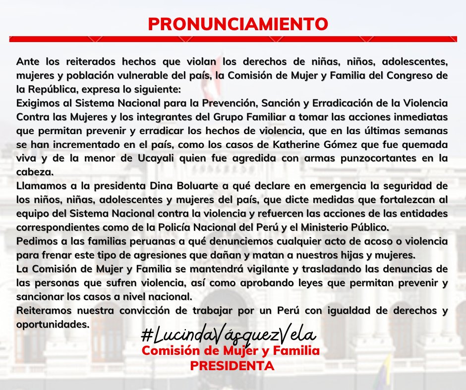 mujer_comision's tweet photo. 🚨 #URGENTE | Ante los reiterados casos de violencia contra niñas y mujeres en el país demandamos y pronunciamos. @RPPNoticias @exitosape @atvmasnoticias @canalN_  @larepublica_pe @Politica_ECpe @ExpresoPeru @peru21noticias @DiarioUnoPeru @tromepe @diariocorreo  @congresoperu https://t.co/piFnBKMoSn