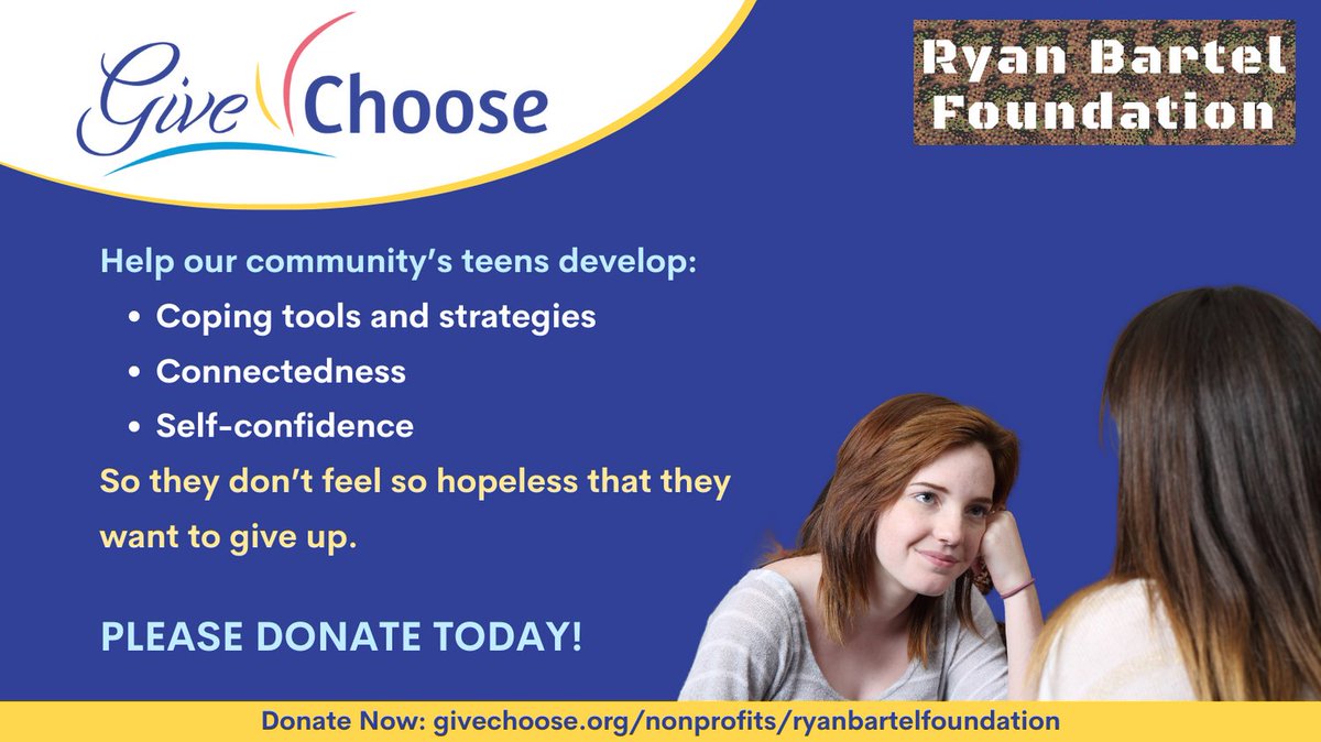 We've expanded programs to offer support groups for teens and parents &amp; redevelop FORTitude Teen Workshops to address the challenges teens face today.
Please donate today: givechoose.org/nonprofits/rya…
#givechoose #givechoose2023 #ryanbartelfoundation #youthsuicideprevention