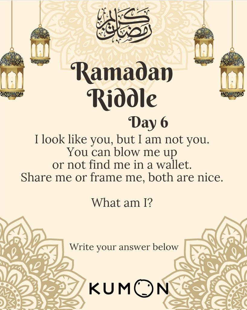 kumonbahrain's tweet photo. What am I?

#Ramadan2023 #ramadan #bahrainramadan #learningdoesntstop #fasting  #eid2023 #eid #ramadankareem #ramadanriddle #KumoninBahrain #afterschoolmaths #afterschoolenglish #maths #english #younglearners #kumon #كيومن https://t.co/YlyXkIzidp