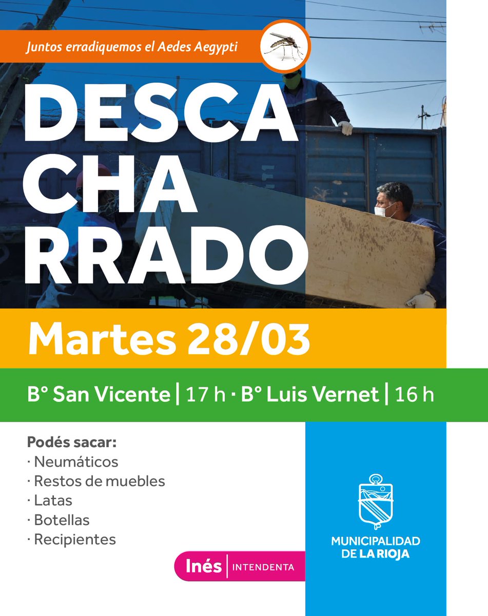 ines_byd's tweet photo. Hoy continuaremos con las tareas de descacharrado en los barrios Luis Vernet y San Vicente.

Durante el operativo sacá cacharros y elementos que puedan contener agua. Sin criaderos, no hay mosquitos. https://t.co/0CIfELRtUw