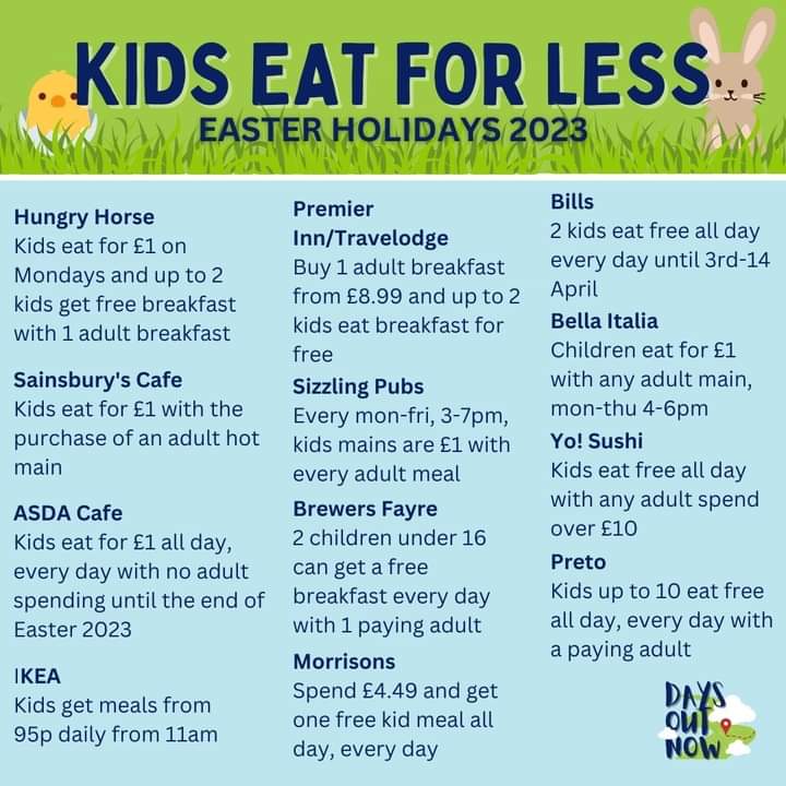 🐇🐥 Easter Holidays 🥚🐤
🧺🐇 Kids eat for less 🐰🐇
