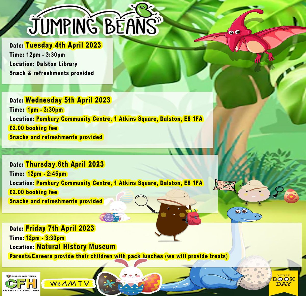 We have 4 days of non-stop fun, interactive and educational sessions at Jumping Beans. We will be doing All Things Easter, 🎾👟🐣a Easter Egg hunt, a Easter sweet treat bake session and much more… To sign up your child/children please email renisha@childrenwithvoices.org