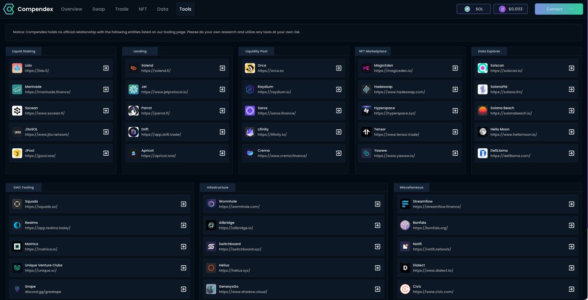 Our Community Tools page hosts a growing list of useful platforms and protocols on <a href="/Solana/">Solana</a>! 

- Liquid Staking
- Lending
- Liquidity Pool
- #NFT Markets
- Explorers
- DAO Tooling
- Infrastructure
- &amp; More!

sol.compendex.xyz/tools