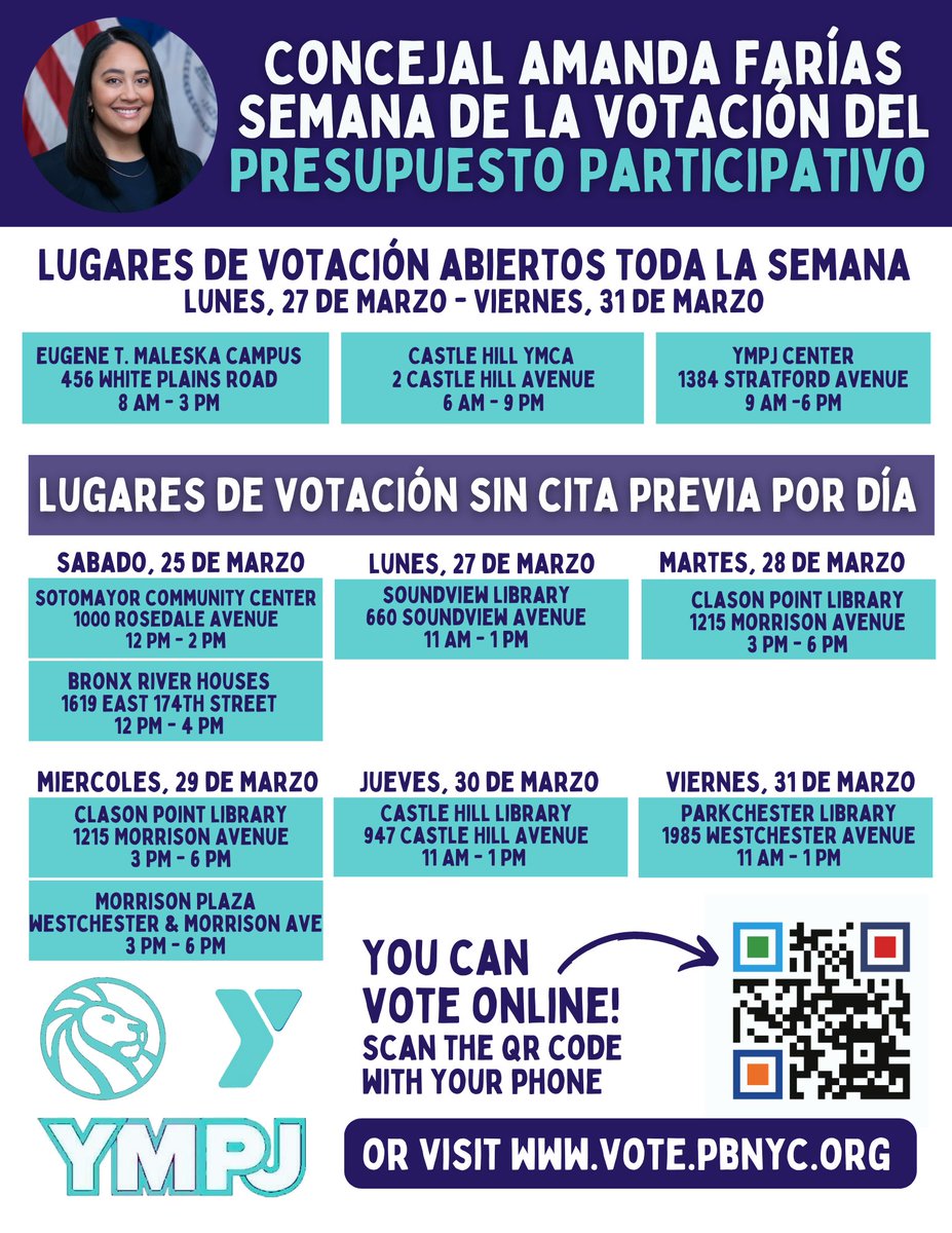 CMAmandaFarias's tweet photo. #CD18's 2nd annual Participatory Budgeting Vote Week is off to a great start!

Remember to vote online at https://t.co/GlSZcxMuHz or in person at any of the below locations. 

Happy voting! 🗳 https://t.co/fpDODY68GS