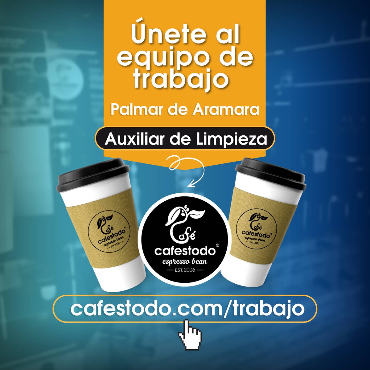 Únete al equipo de trabajo en cafestodo, en el área de limpieza, con opción a crecimiento, mayoría de edad , con disponibilidad de horario (tiempo completo 8 hrs) ingresa a cafestodo.com/trabajo y llena el formulario... <a href="/cafestodo/">cafestodo</a> | Consiga un buen café!