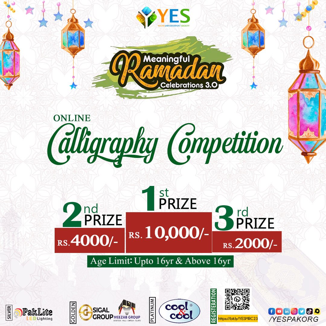yespakorg's tweet photo. Youth Empowerment Society is organizing online Calligraphy competition under campaign of "Meaningful Ramadan celebrations, 3.0"

Perks for Winners:
1st:  Rs.10,000
2nd:Rs.4,000
3rd: Rs.2,000

Registration last date: 31-03-2023
Register here:
https://t.co/6u6kYs9n5r

#MRC #ramadan https://t.co/GlDZ97olWi