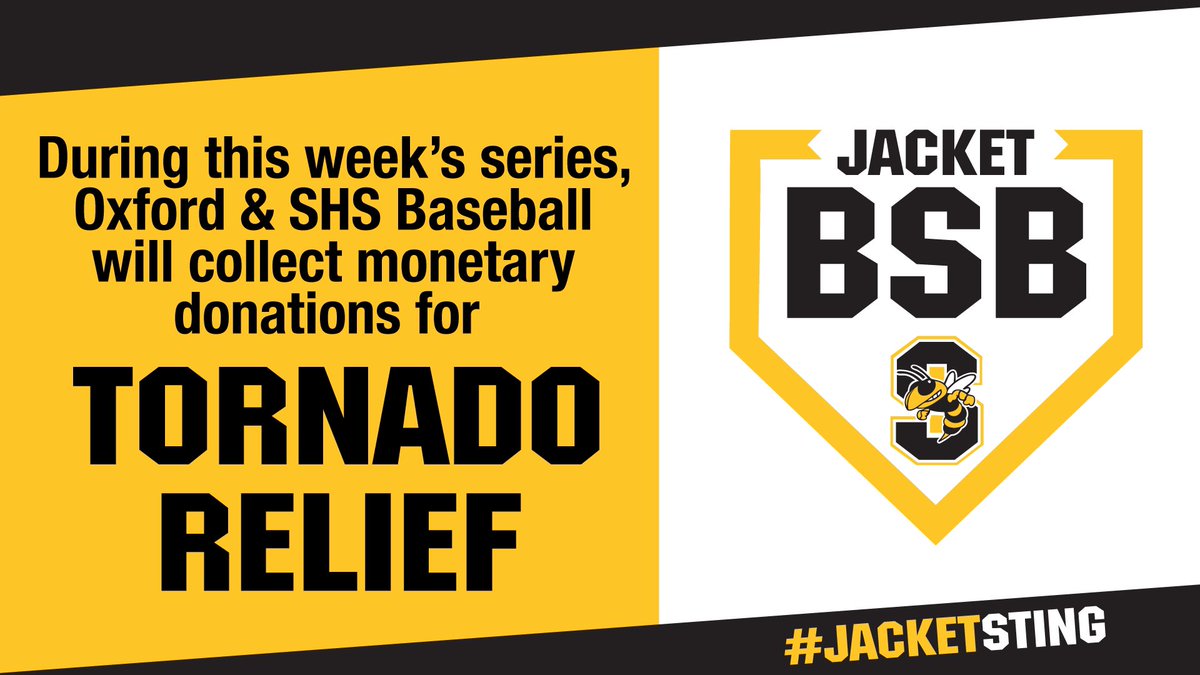 STKJackets's tweet photo. Starkville Yellow Jackets and Oxford Chargers are collecting monetary donations to support relief and recovery efforts for the Amory baseball program which sustained major damage during the recent tornado. Contribute at the gate during the three-game District series this week. https://t.co/2xwyT4vrs7