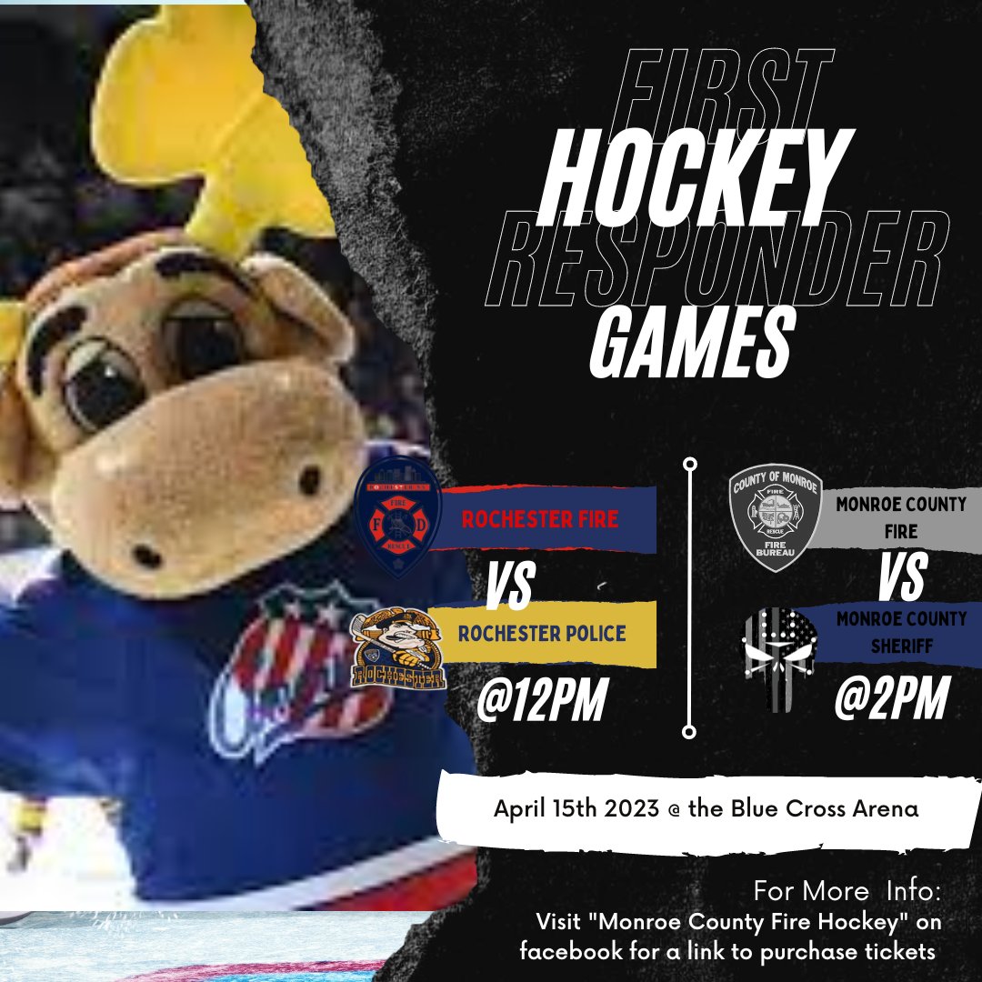 Rochester NY Police (@rochesternypd) on Twitter photo Join us on April 15th as 1st responders agencies battle it out at the Blue Cross Arena. <a href="/RFDPIO1/">RochesterNYFD</a> <a href="/monroesheriffny/">Monroe County Sheriff’s Office</a> Join us on April 15th as 1st responders agencies battle it out at the Blue Cross Arena. <a href="/RFDPIO1/">RochesterNYFD</a> <a href="/monroesheriffny/">Monroe County Sheriff’s Office</a>