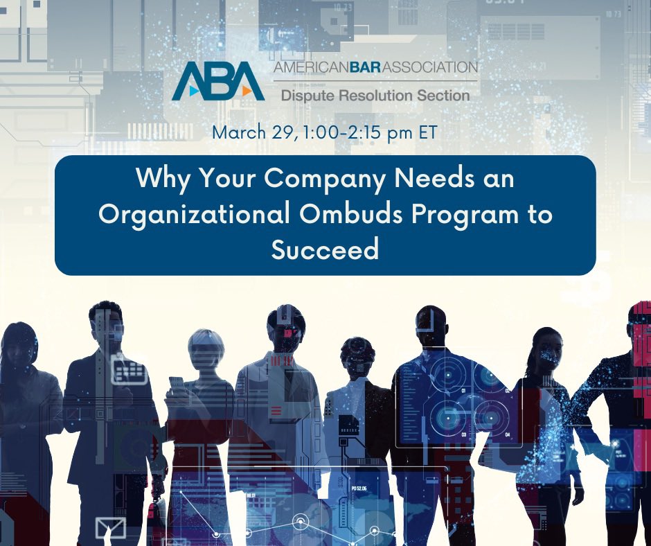 Liz_S_Hill's tweet photo. Tomorrow at 1 pm ET, I will speak with @DinaEisenberg, Charles Howard, and Chuck Doran about organizational ombuds: who they are, what they do, how to integrate them in to your business or organizational structure, and the benefits of doing so. 

Register: https://t.co/v01DGbvE2s https://t.co/OdZGDIGP6t