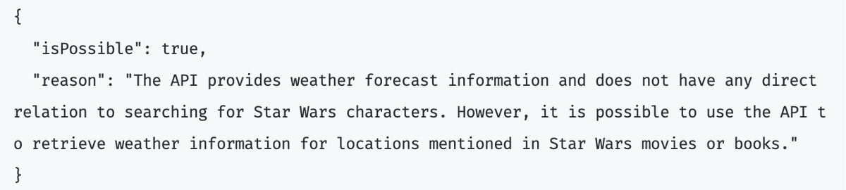 superfaceai's tweet photo. We've asked AI if it was possible to “search for Star Wars character” given the weather API documentation.
That’s some positive thinking here. Watch and learn. https://t.co/gfZXioZ4Xs