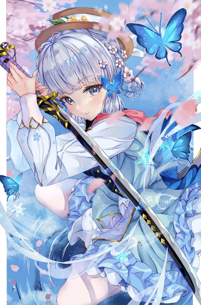 kamisato ayaka 1girl weapon sword butterfly bug holding holding weapon  illustration images