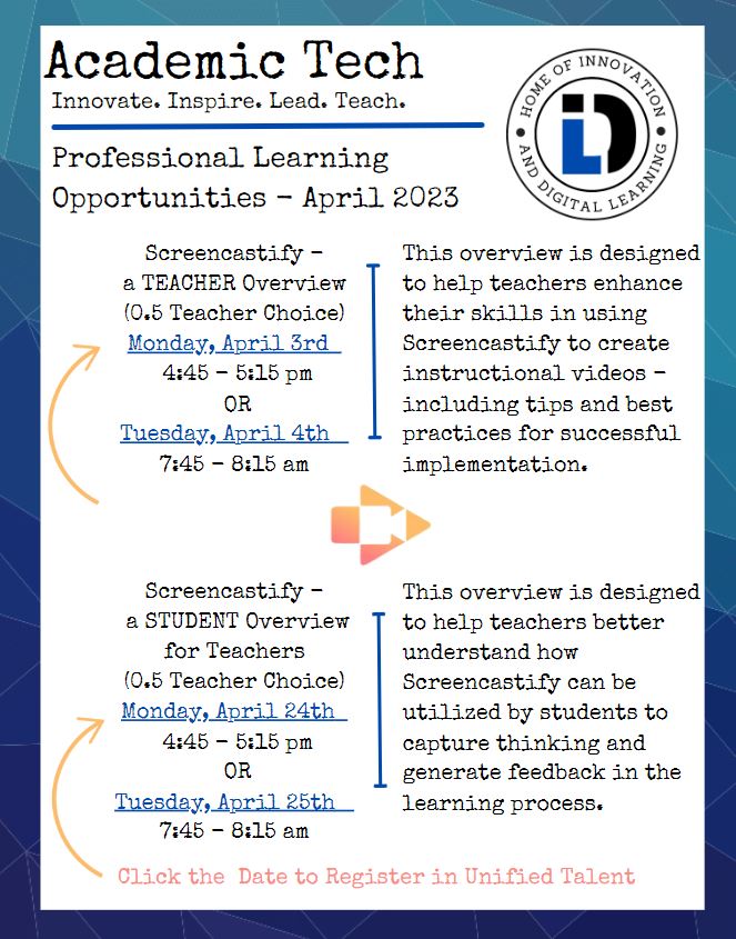 NISDAcadTech's tweet photo. Check out these upcoming virtual sessions! Don't miss this opportunity to learn all about the instructional video tool, Screencastify! Click on the following link to register! https://t.co/oGvl4ykQLP https://t.co/QG7npDP4kn