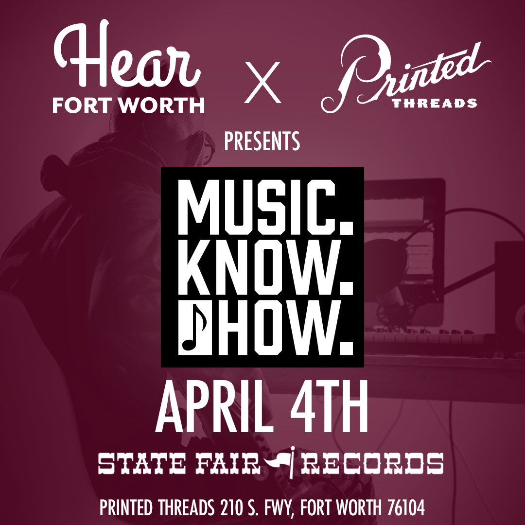 Texas Music Office (@txmusicoffice) on Twitter photo Save the date!! Join <a href="/HearFortWorth/">Hear Fort Worth</a> for their April Mixer: Music. Know. How. on Tues, April 4th, with Dallas’ <a href="/StateFairRecord/">State Fair Records</a> at <a href="/printedthreads/">Printed Threads</a> in #FortWorth. This event is free and open to the public!
#hearfortworth #statefairrecords #musicmixer #printedthreads #DFWMusic Save the date!! Join <a href="/HearFortWorth/">Hear Fort Worth</a> for their April Mixer: Music. Know. How. on Tues, April 4th, with Dallas’ <a href="/StateFairRecord/">State Fair Records</a> at <a href="/printedthreads/">Printed Threads</a> in #FortWorth. This event is free and open to the public!
#hearfortworth #statefairrecords #musicmixer #printedthreads #DFWMusic