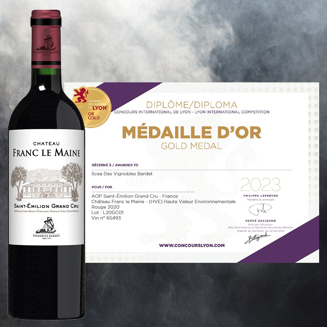 🥇Nous sommes ravis de vous annoncer que notre Château Franc le Maine a obtenu la médaille d’or au Concours International de Lyon 2023 pour le millésime 2020. Une belle reconnaissance pour ce vin d’exception ! Félicitations à toutes les équipes du vignoble🤩
#CILYON #saintemilion