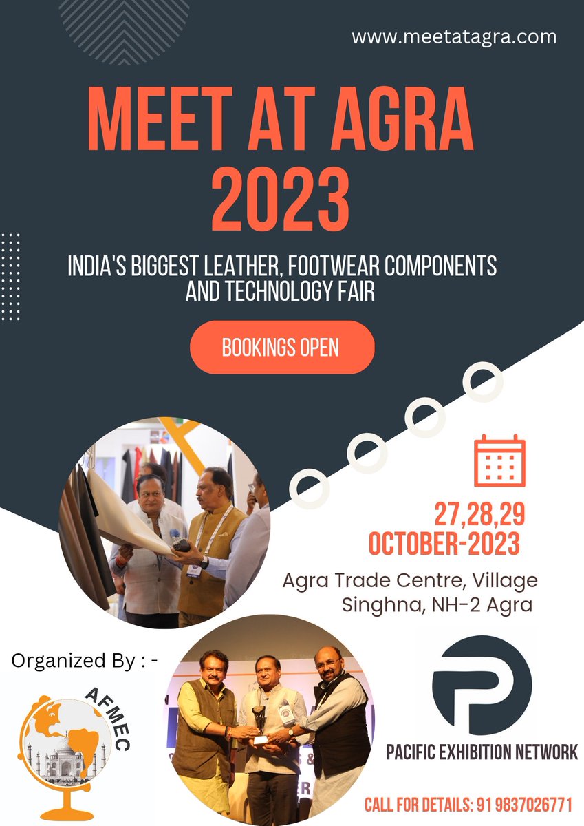 PenExhibition's tweet photo. Meet at Agra Calling 2023.

Event Date : 27th to 29th October 2023. 

Venue: Agra Trade Center, Village Singhna, Agra. 

Bookings open.

#MeetatAgra2023 #MeetAtAgraCalling #LeatherFair #Technologyfair #ComponentsFair 
#PenExhibition #FootwearExhibition #PacificExhibitionNetwork https://t.co/mpLdLwK9yH