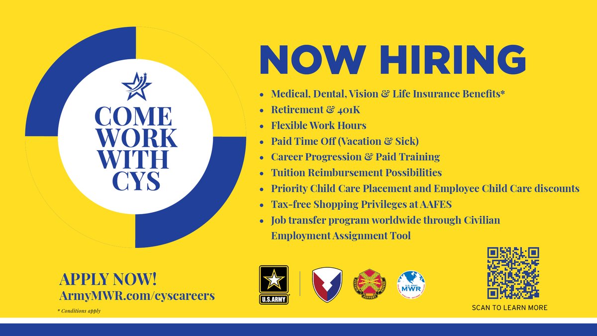 ✨Looking for a rewarding job WITH great salary and beneﬁts where you can ALSO know you make a difference in the world? That opportunity is HERE!! Start your career with Army MWR. Check out the opportunities and download the CYS Career Guide at ArmyMWR.com/CYScareers