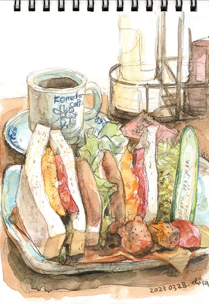 「今日のお昼はコメダに行ったんですけど、いつも「昼コメプレート」の「たまとまレタス」|chisaのイラスト