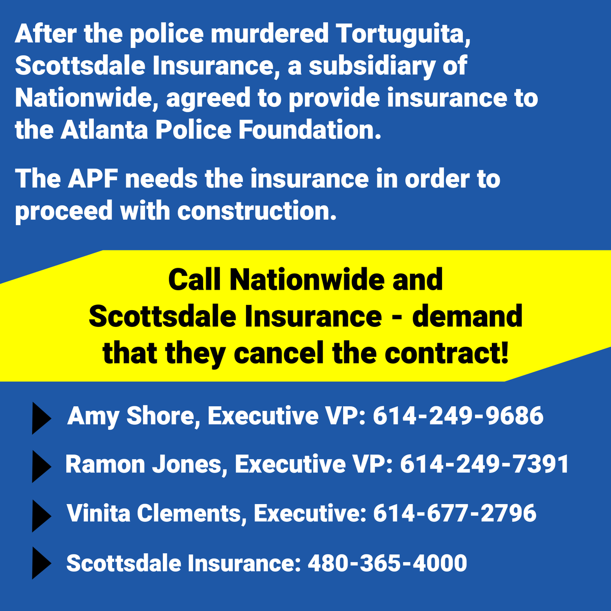 resist_abolish's tweet photo. After the police murdered Tortuguita, @nationwide, through their subsidiary Scottsdale Insurance, agreed to insure Cop City. Call them today and demand that they #CutTheContract:

Amy Shore, VP: 614-249-9686
Ramon Jones, VP: 614-249-7391
Vinita Clements, Executive: 614-677-2796 https://t.co/Uqw2QUDbMC