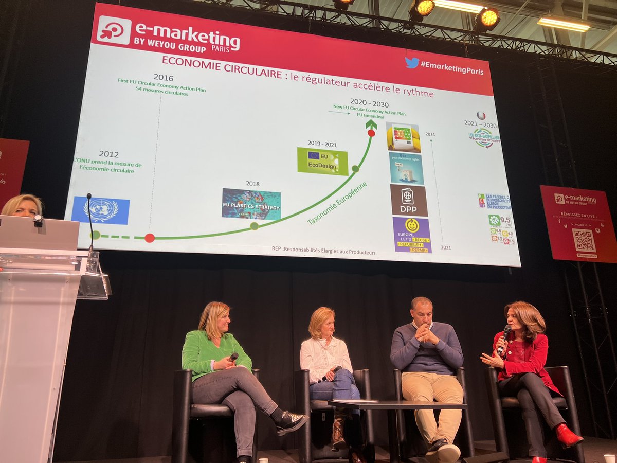 #EmarketingParis 
C’est la législation qui va faire bouger les choses
1️⃣2012-<a href="/ONU_fr/">Nations Unies (ONU)</a> prend la mesure de l’économie circulaire
2️⃣2018- EU plastique strategie … en 2050 autant de plastique que d’animaux marins dans les océans 🫣
3️⃣2019-21 EU- Éco design 
4️⃣2020-30 The EU GreenDeal