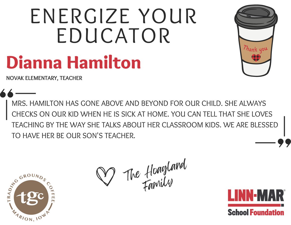 ENERGIZE YOUR EDUCATOR ☕ Congratulations, and thank you❤️🖤

Dianna Hamilton - Novak Elementary - Teacher

Sponsored by Trading Grounds