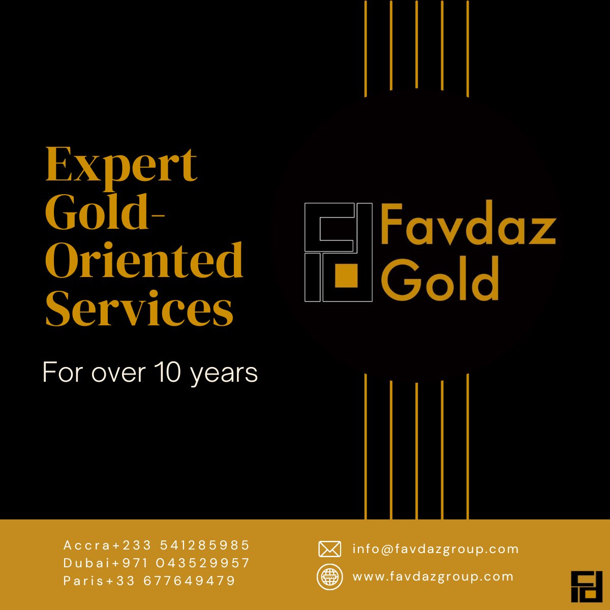 Favdaz Gold offers expert gold-oriented services for over 10 years!

With our 4 offices worldwide🌍whether you're looking for 22-23k, 24k gold bars; or gold export services, we've got you covered on CIF basis. 

#FavdazGold #GoldExport #GoldBars #CIFBasis #goldbar #bullion #doré