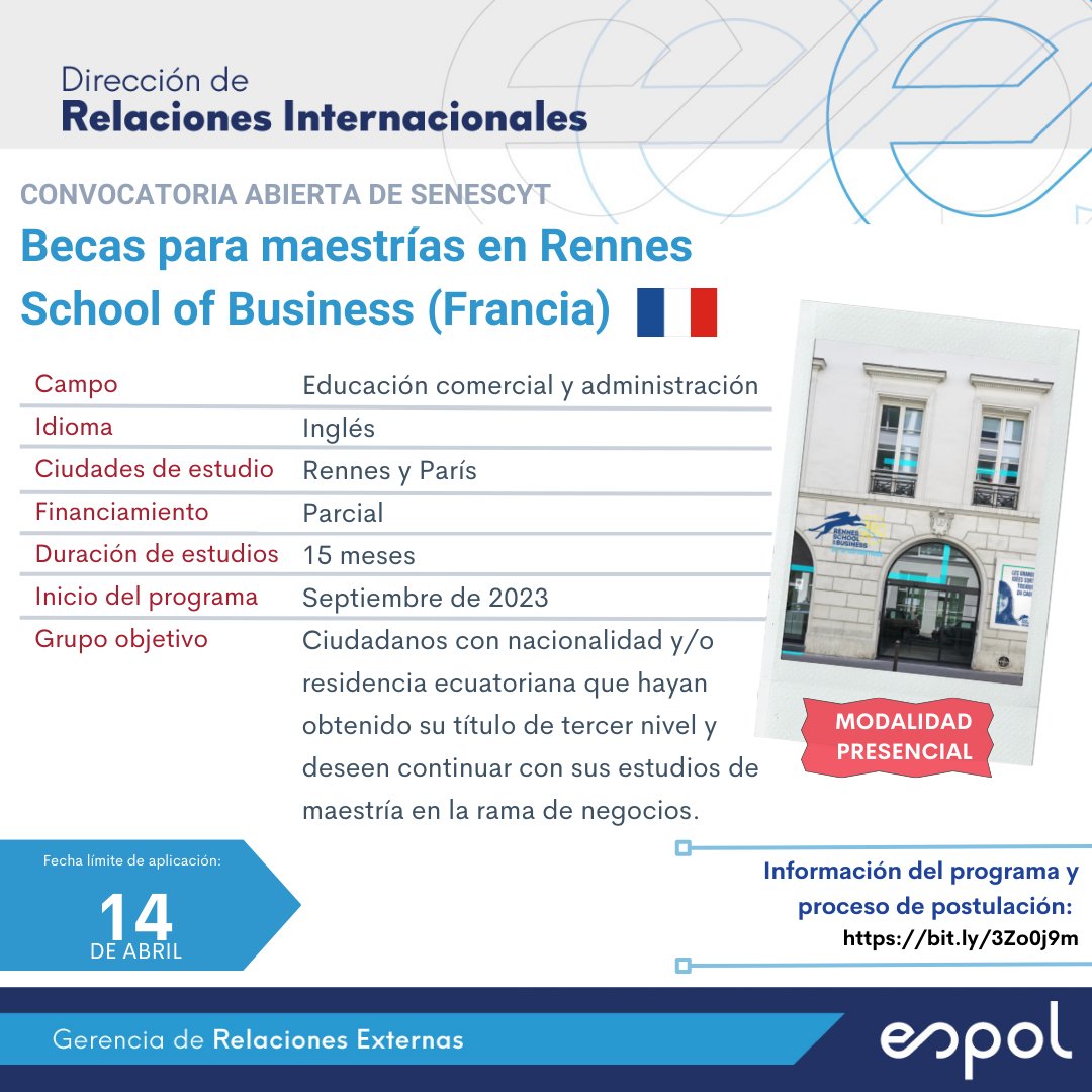 relexespol's tweet photo. ¡Buen día politécnicos!

Aprovechen esta gran oportunidad y apliquen a una beca para estudiar una maestría en Rennes School of Business en Francia 🇫🇷

ℹ️ Bases de convocatoria, requisitos y proceso de aplicación: https://t.co/Wth7p2pSti

El próximo puedes ser tú ✈️🎓🌍 https://t.co/p0lEhpm1S8