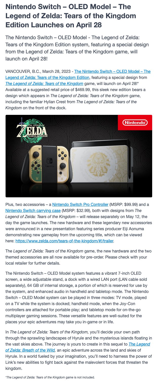 Zelda: Tears of the Kingdom Switch OLED console release date