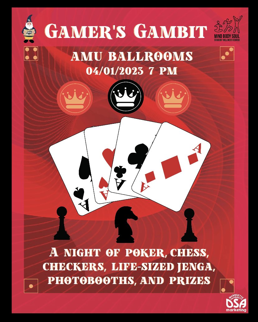 LateNightMU's tweet photo. Hey gamers—come this Saturday to the AMU ballrooms for a night full of fun! We will have poker, large Jenga, photo booths and more!! ♠️🃏🎲♟️♣️ https://t.co/LL2fcQxmkV