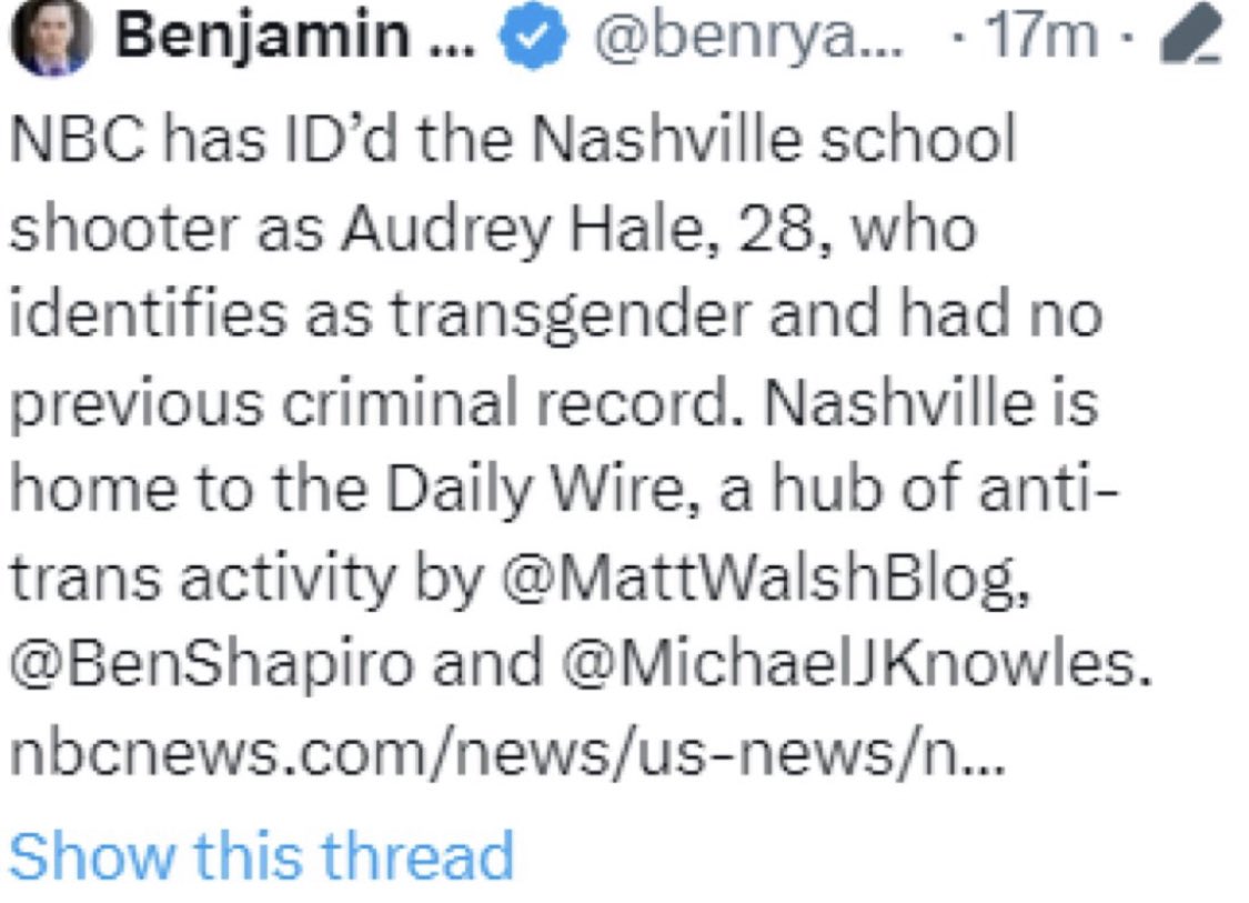 RealCandaceO's tweet photo. Left wing FILTH. 

His argument is that the transgendered psychopath had to murder children because people at the DailyWire do not support the mutilation of children’s bodies, under the guise of “gender-affirming care”.

@benryanwriter, writes for the @nytimes and @guardian. https://t.co/nKpKbafiEE