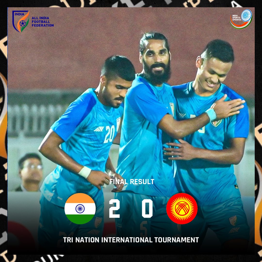 India registered 2nd consecutive win in Tri Nation Tournament
Defeated Kyrgyzstan 2-0 courtesy of goals in either half from Sandesh Jhingan and Sunil Chhetri 

#KGZIND #HeroTriNation #BlueTigers #BackTheBlue #IndianFootball #SunilChhetri #INDvKYR