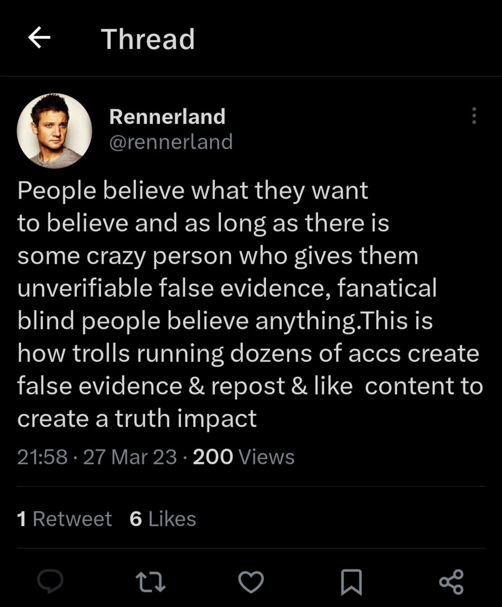 JeremyVerses1's tweet photo. OMG! She couldn't describe herself and @K_T_Renner &amp; @pfpunkt_ in a better way, they're the only ones who always speak with 0 evidences

#JeremyRenner #truth https://t.co/R4pc3VxFod