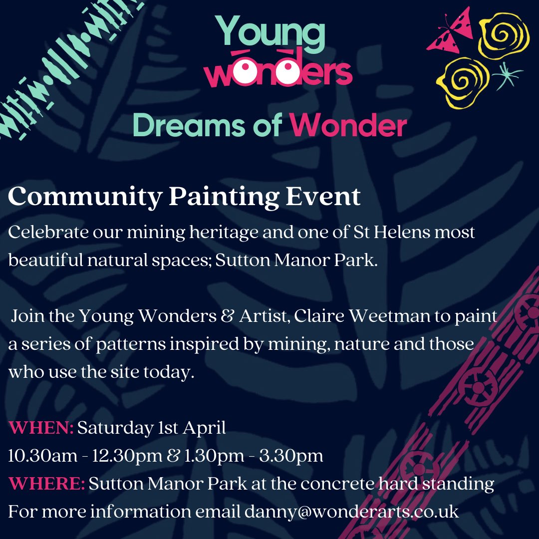 Fancy getting creative this Saturday? 

We’ll be painting patterns inspired by mining and heritage across the concrete standing at Sutton Manor Park. 

Join us from 10.30am - 12.30pm &amp; 1.30pm - 3.30pm…the more the merrier.

For more information email danny@wonderarts.co.uk
