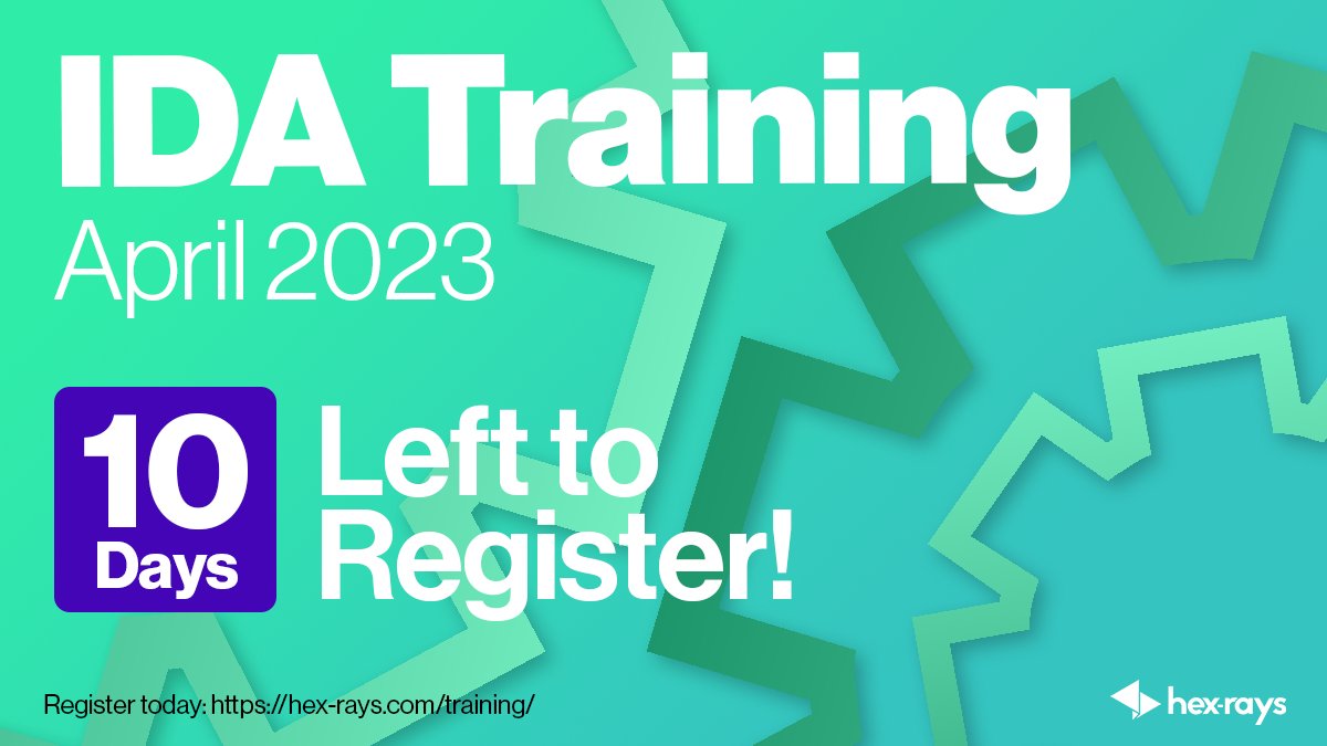 HexRaysSA's tweet photo. Hurry-up! Registration for our April training sessions ends in 10 days! Unlock the full potential of our products and advance in your career 🌐 https://t.co/J1Su2jW2Zz

#IDA #IDATraining #hexrays https://t.co/hRyoCmlNe2